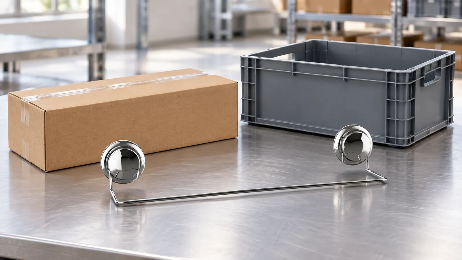 Two-suction-cup chrome towel bar beside a plain carton and reusable transport crate in an illustrative packaging review