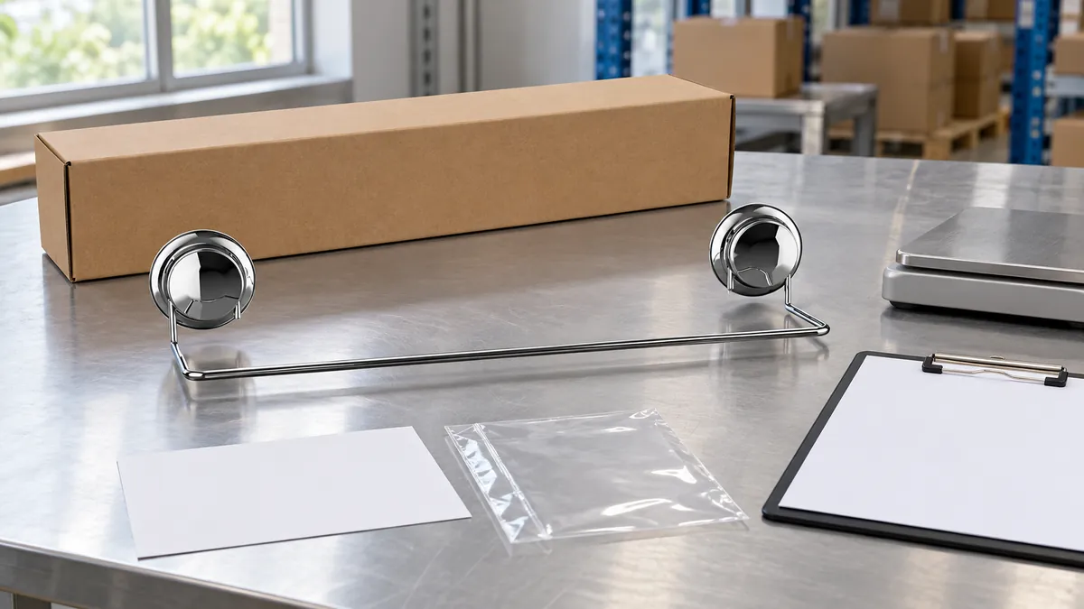 Two-suction-cup chrome towel bar beside separated packaging components for an importer packaging-data review