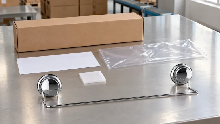 Chrome two-suction-cup towel bar beside separated packaging components for an importer packaging-data review