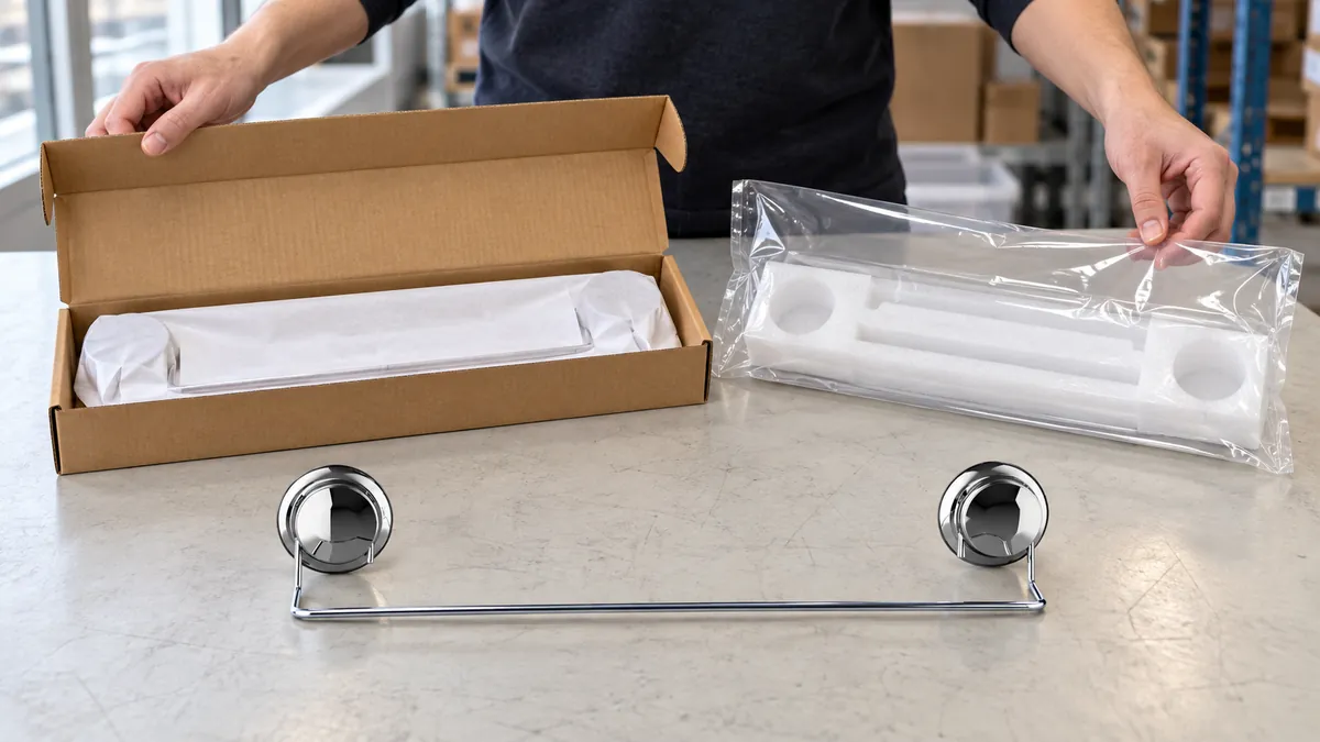 Chrome two-suction-cup towel bar with an unmarked carton and packaging materials during a revision-control review