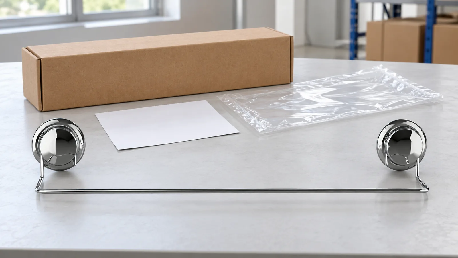 Chrome two-suction-cup towel bar with separated carton and protective packaging examples for a UK importer data review