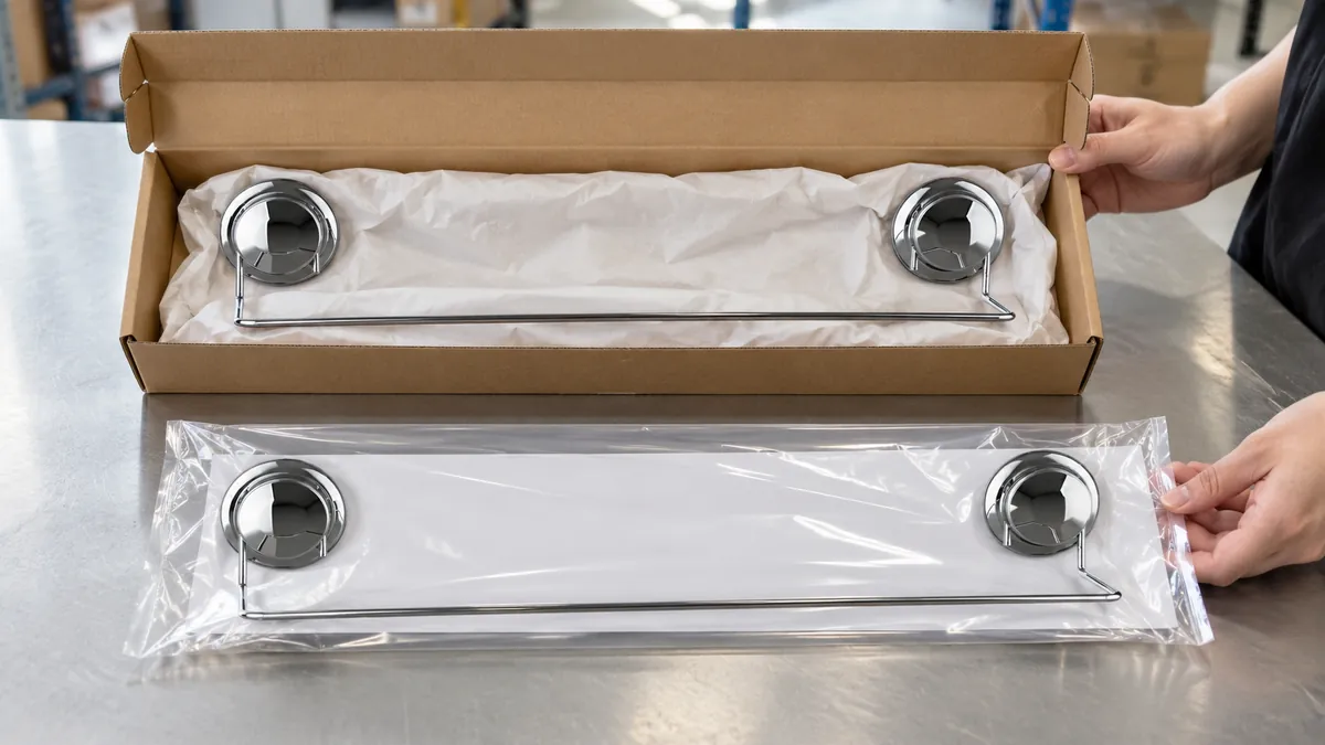 Two-suction-cup chrome towel bar with plain carton and protective packaging options during a buyer classification-evidence review