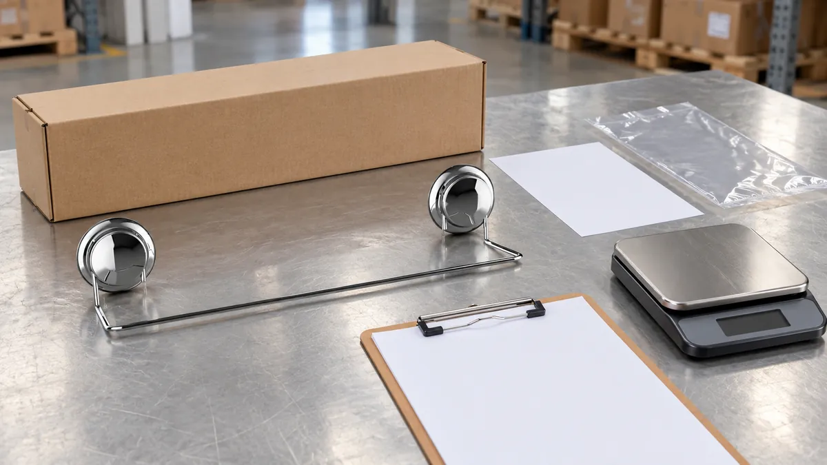 Chrome two-suction-cup towel bar beside separated plain packaging components and a blank weighing area for a supplier data review
