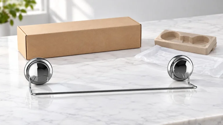 Chrome two-suction-cup towel bar with a plain product carton and packaging component samples during a Germany market-entry review
