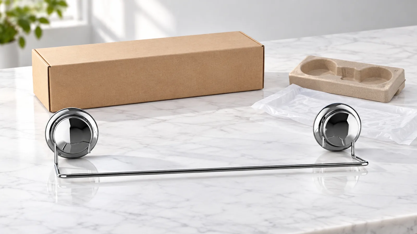 Chrome two-suction-cup towel bar with a plain product carton and packaging component samples during a Germany market-entry review