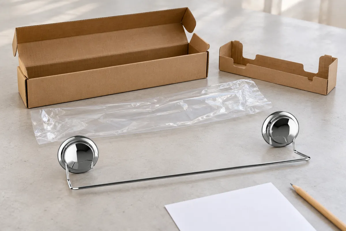 Chrome two-suction-cup towel bar beside separated plain packaging components and a blank scale area for recording supplier evidence