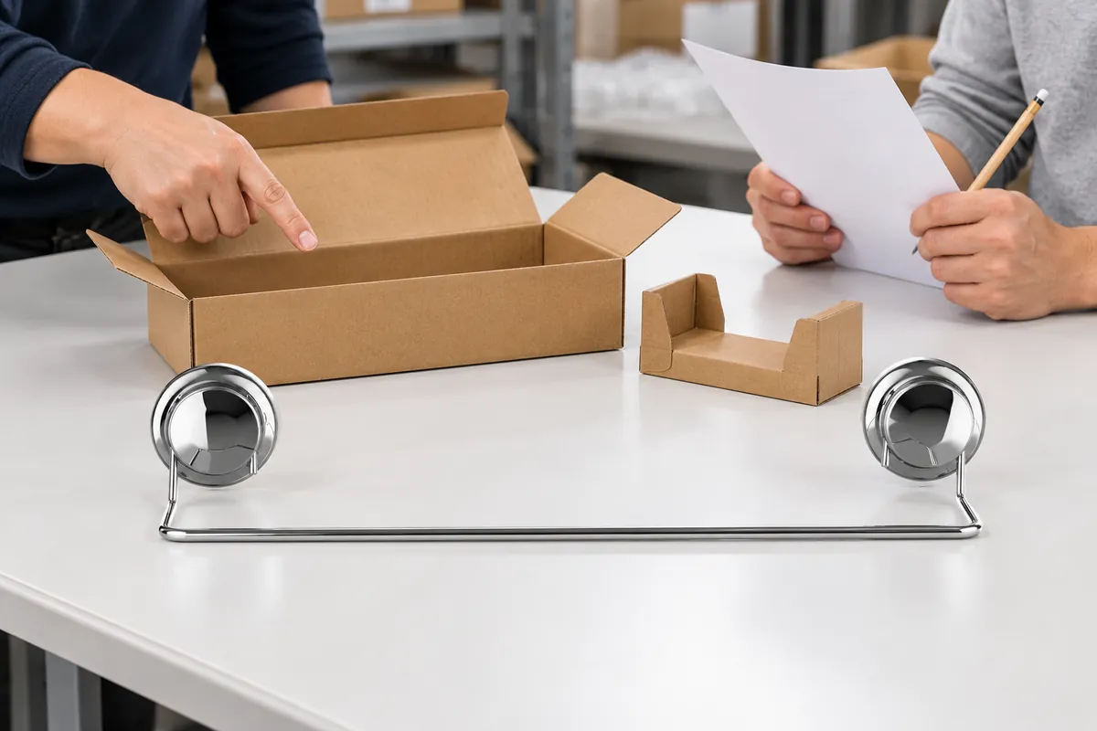 Two-suction-cup chrome towel bar beside a packaging supplier and buyer reviewing a plain carton