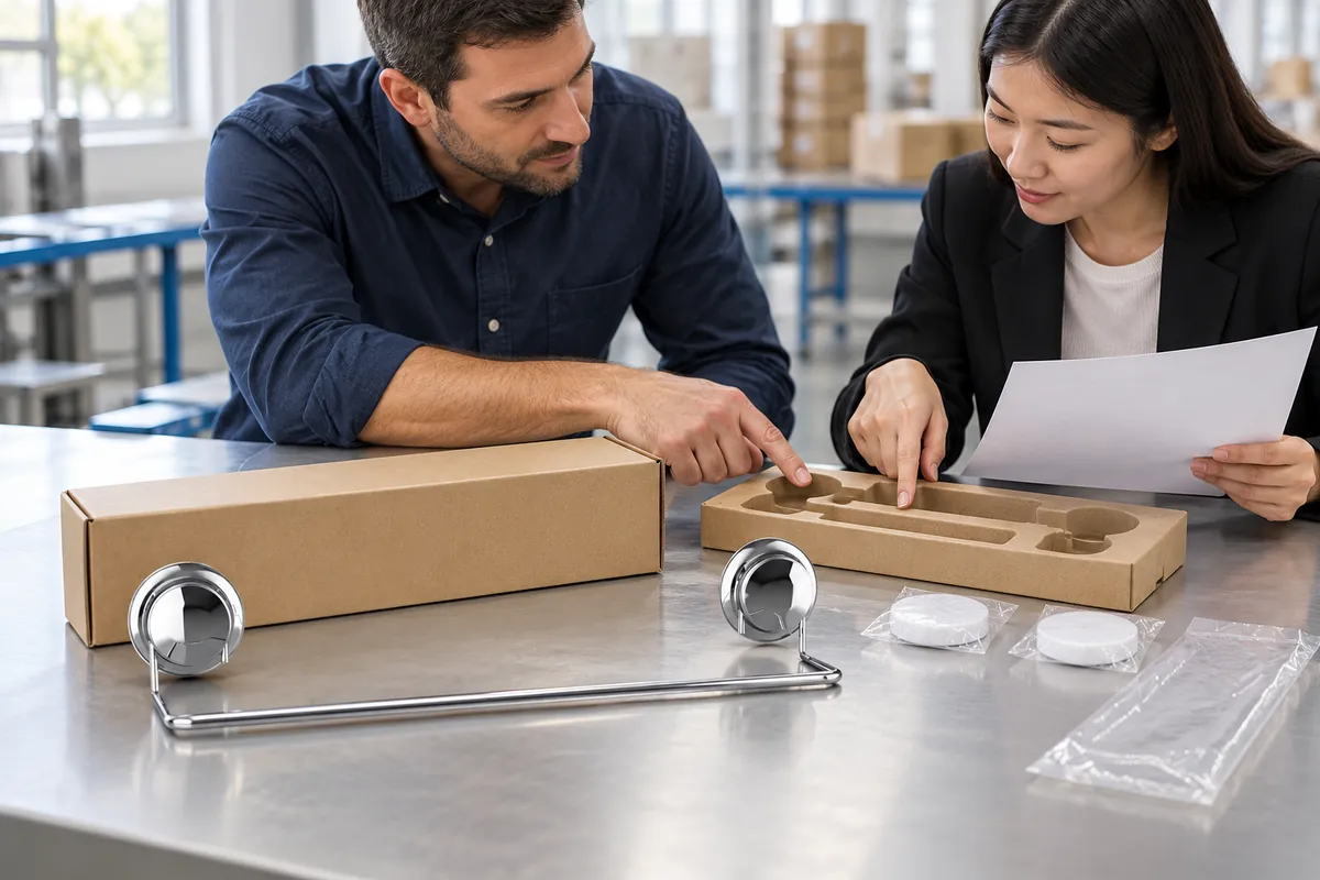 Buyer and supplier comparing a plain hardware carton, packaging samples and a revision-controlled component sheet