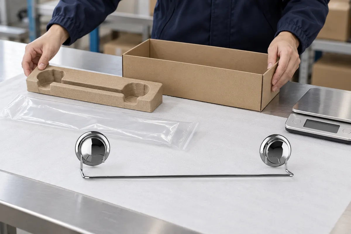 Two-suction-cup chrome towel bar beside separated plain packaging components and a digital scale during a supplier data review