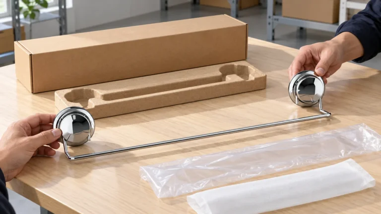 Two-suction-cup chrome towel bar beside its plain retail carton and separated packaging samples during a supplier data review