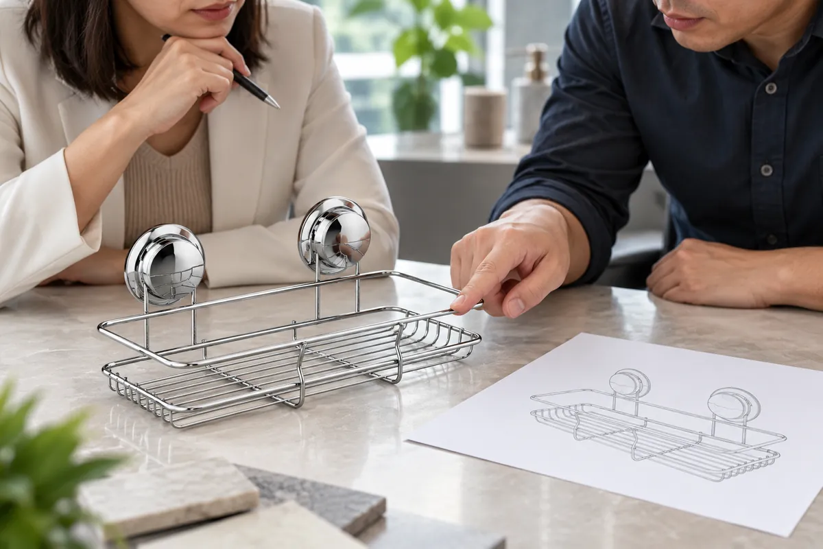 Two-cup suction-mounted chrome wire basket beside a single unmarked concept sheet during a factory feasibility discussion