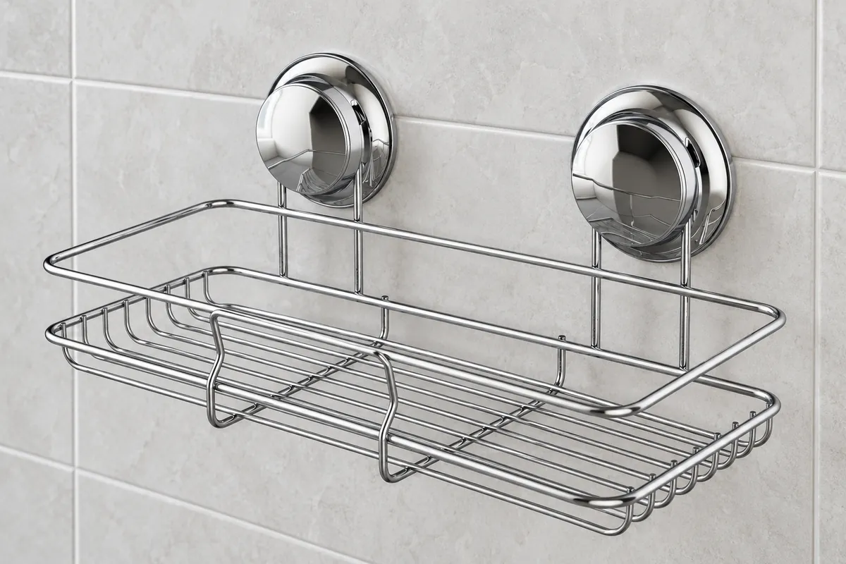 Single-tier chrome shower basket with both suction cups and support wires visible during a structure review