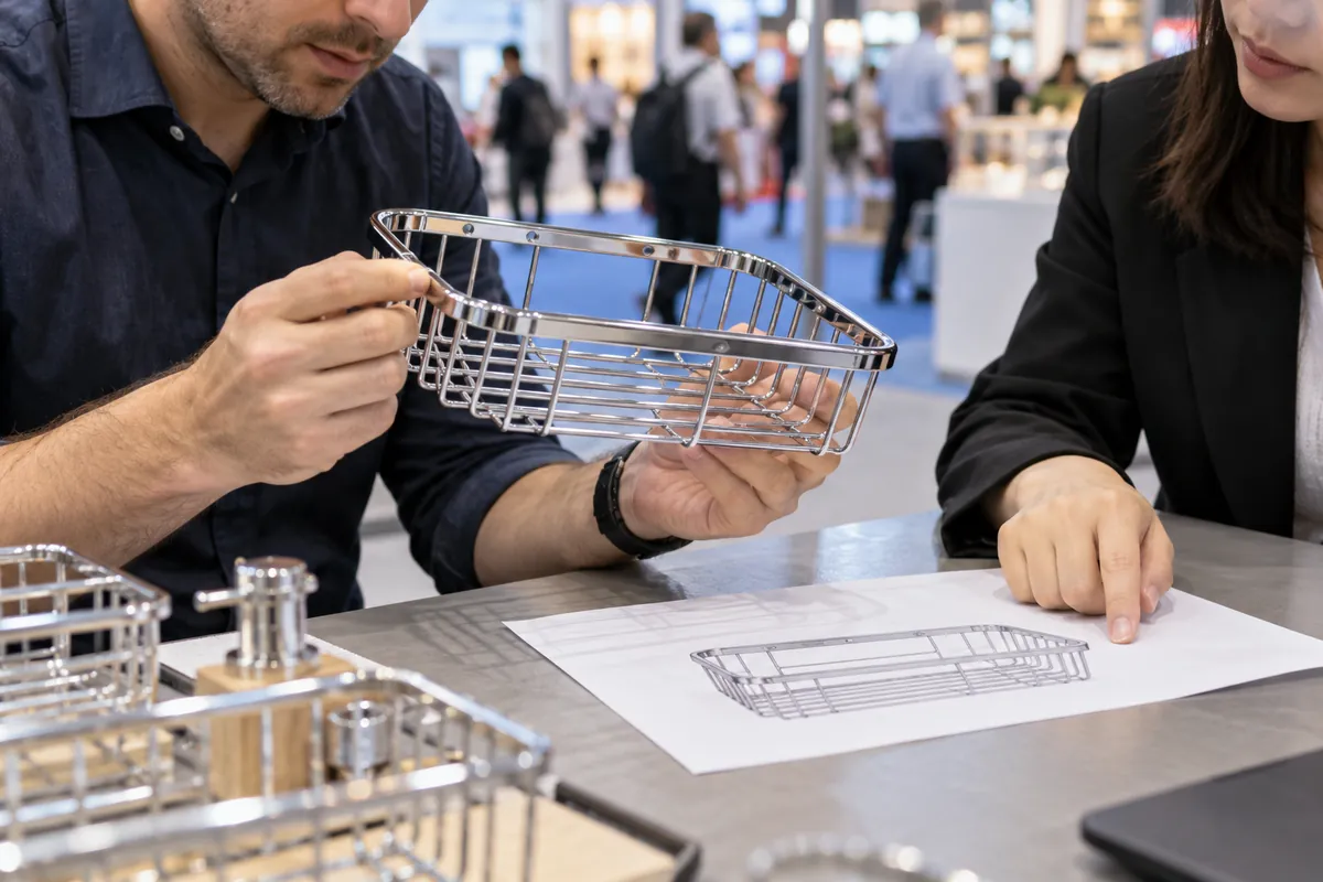 Buyer checking a chrome wire bathroom basket sample during a supplier meeting