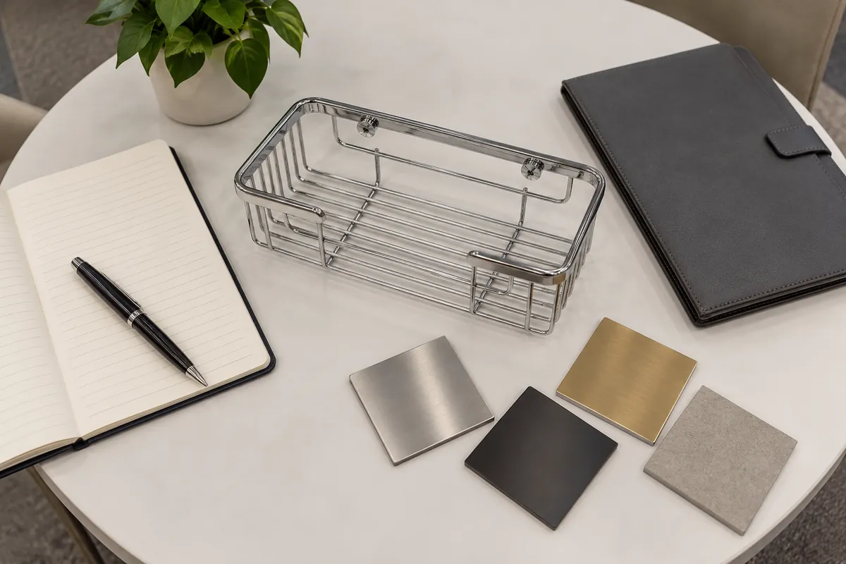 Bathroom hardware sample and buyer's meeting preparation materials arranged on a table