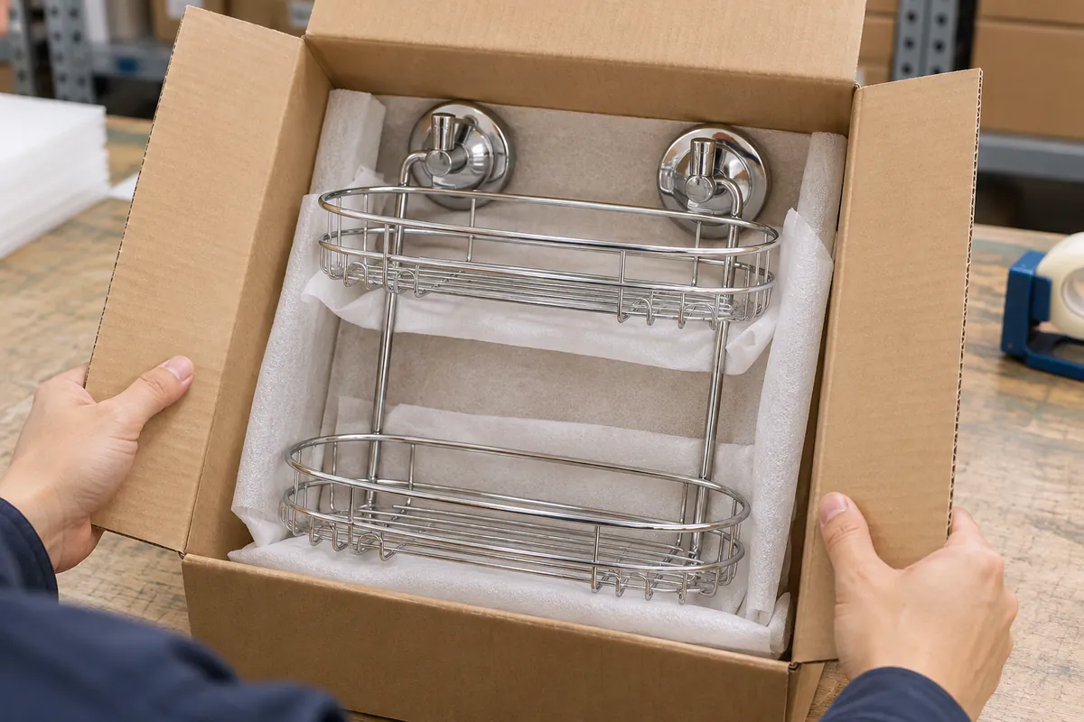 Buyer checks foam protection around a two-cup shower basket sample in a plain export carton