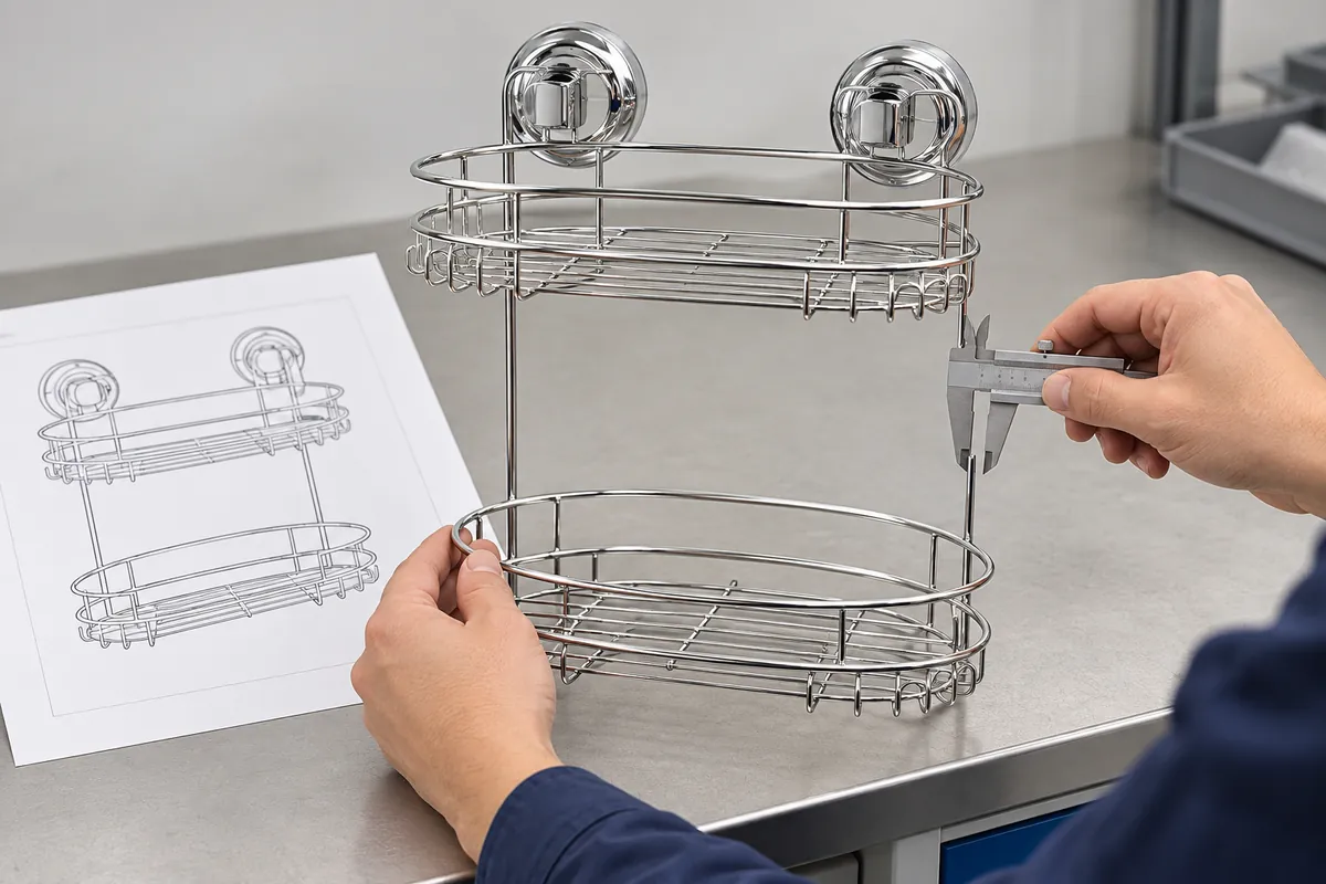 Buyer compares a two-cup shower basket sample with a blank product drawing at an inspection table