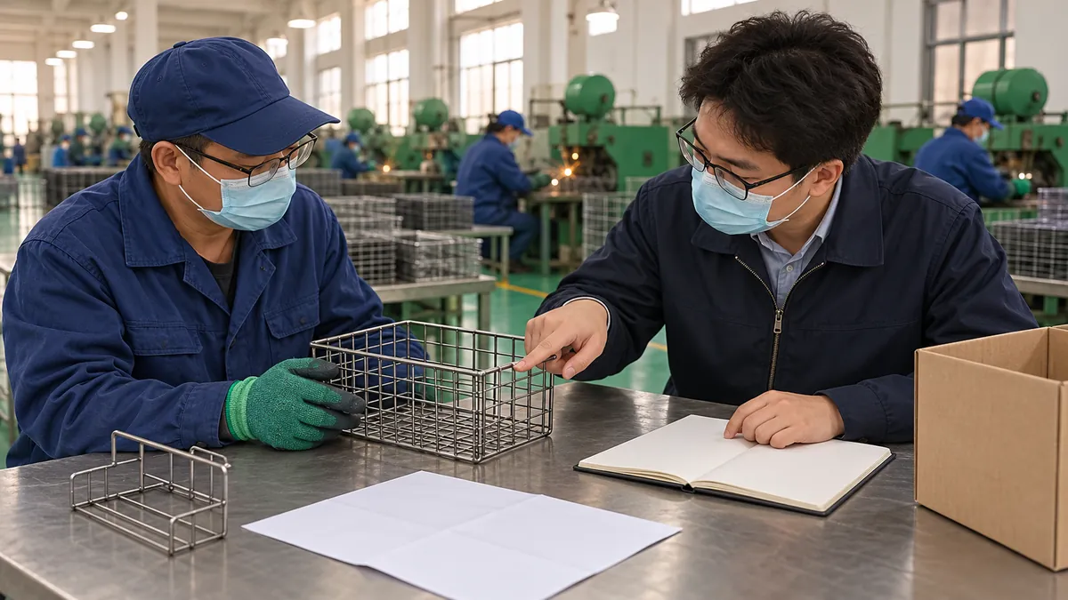 Buyer and supplier compare one compact wire basket sample with a blank visit notebook and drawing sheet