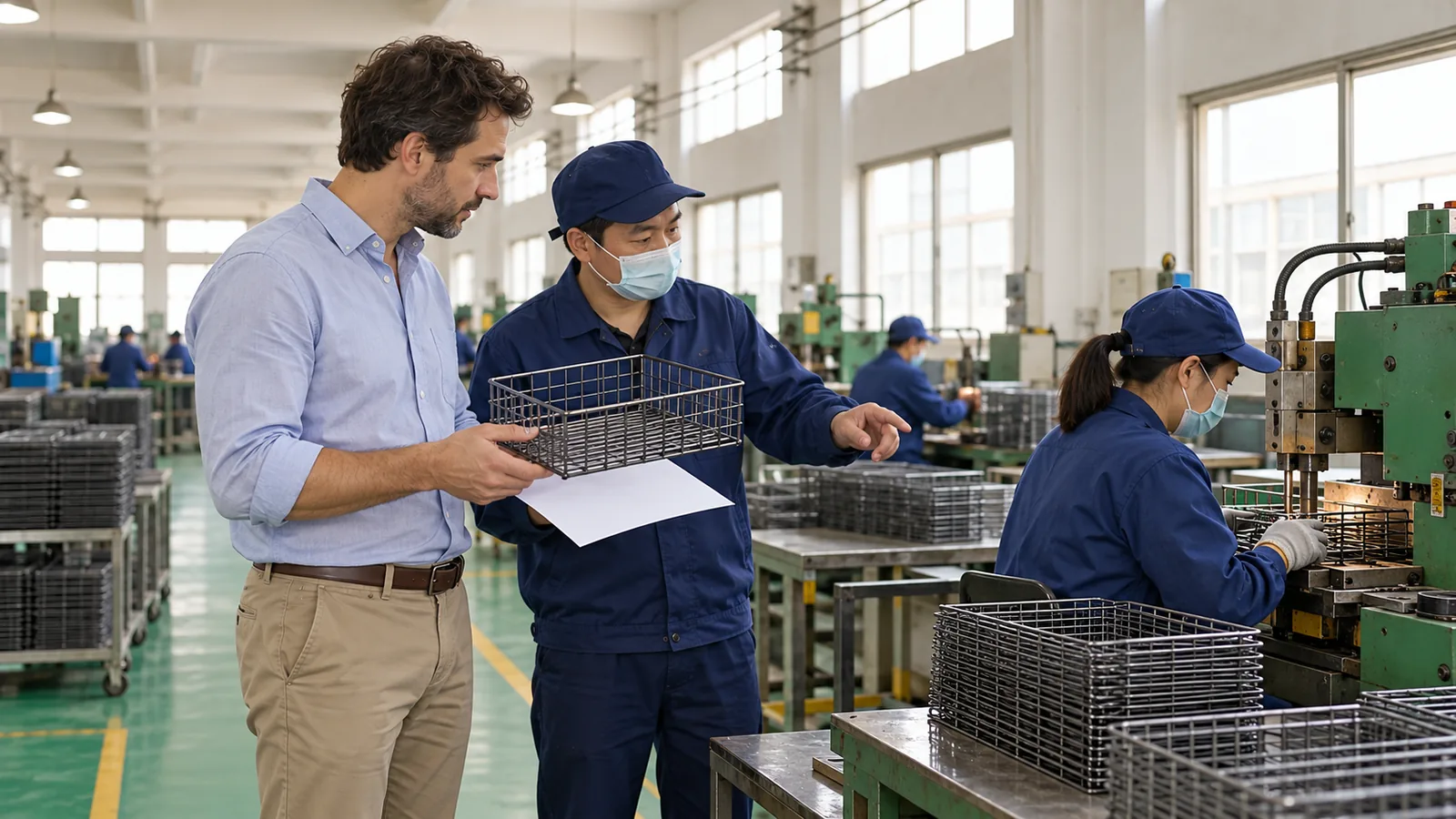 Importer follows a compact welded-wire bathroom storage basket through a modest production area with a supplier representative