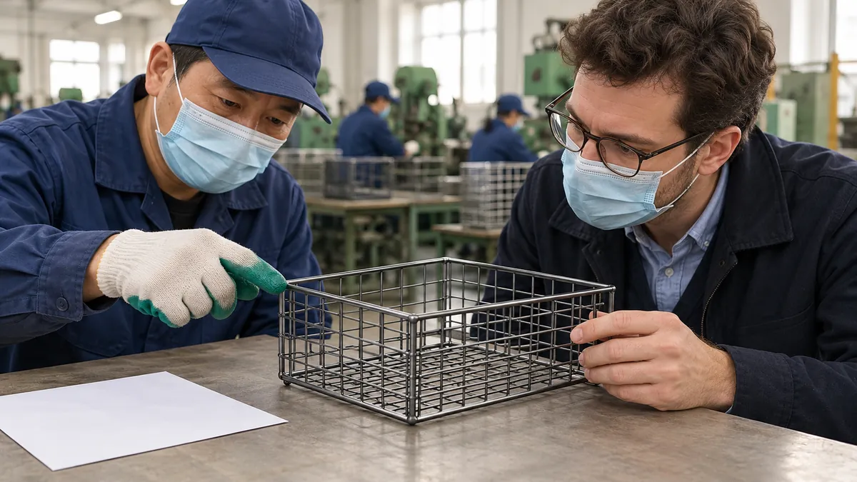 Buyer and supplier inspect the wire grid and corner joint of one compact metal storage basket on a factory table