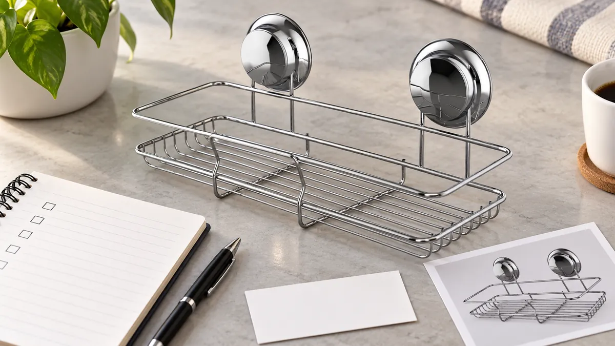 Twin suction-cup wire basket sample documented beside a buyer checklist