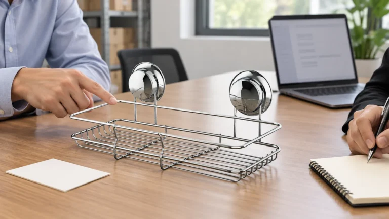 Buyer compares a twin suction-cup wire basket sample during a supplier meeting