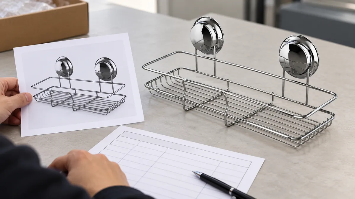 Buyer compares a chrome wire basket with its product photo and meeting record