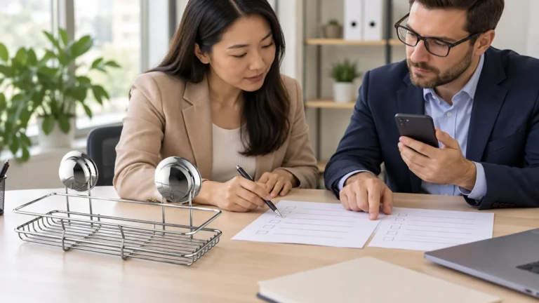 Importers review blank payment-control documents beside a twin-suction wire basket sample