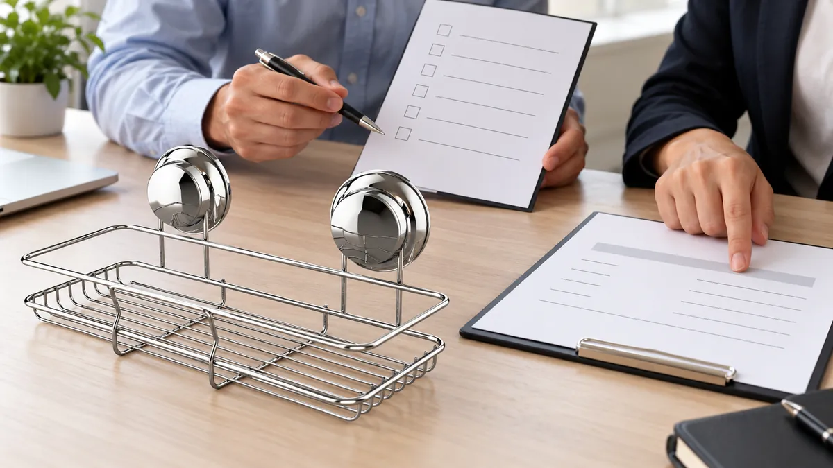 Buyers compare a hardware sample with blank supplier and payee review documents