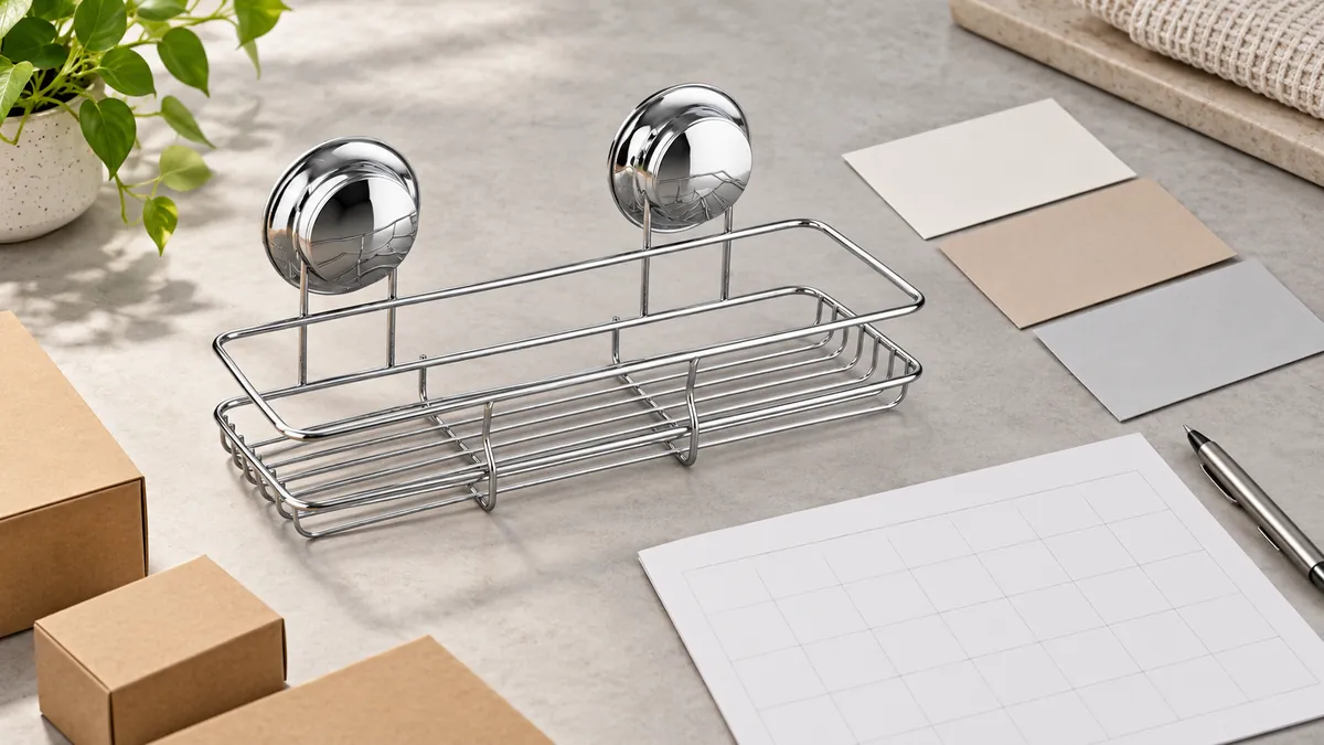 A twin suction-cup hardware basket beside blank shipment decision cards and checklist