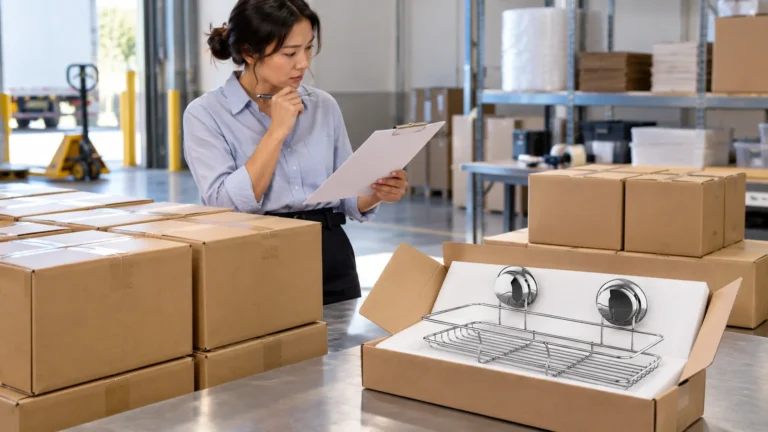 Importer reviews unmarked hardware cartons and a twin-suction wire basket sample in a receiving area