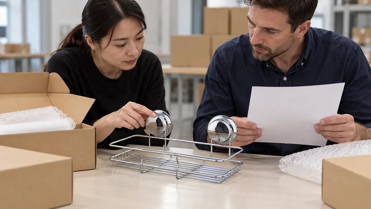 Buyer and supplier compare a hardware sample with blank cargo readiness paperwork