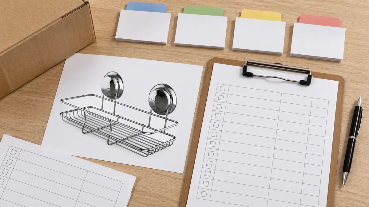 Twin suction-cup metal basket sample beside blank receiving records and carton count checklist