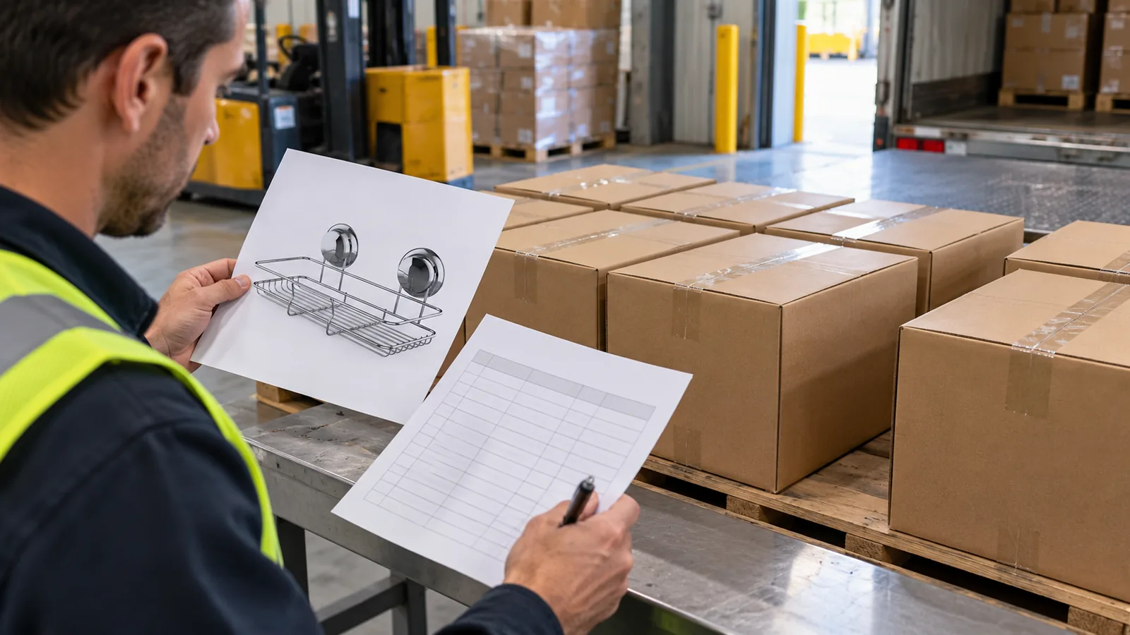 Warehouse receiver compares plain hardware cartons with a twin-suction basket product reference