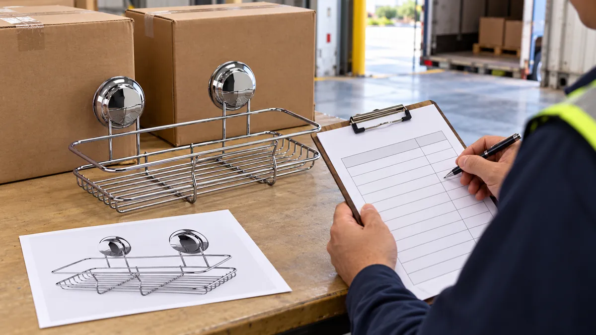Receiving clerk compares hardware sample and carton groups with a blank reconciliation sheet