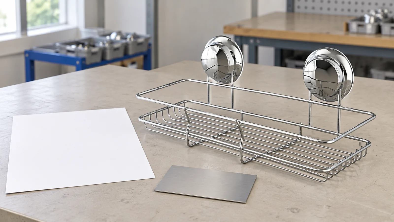 Chrome wire bathroom rack with two suction mounts beside a blank product-scope sheet
