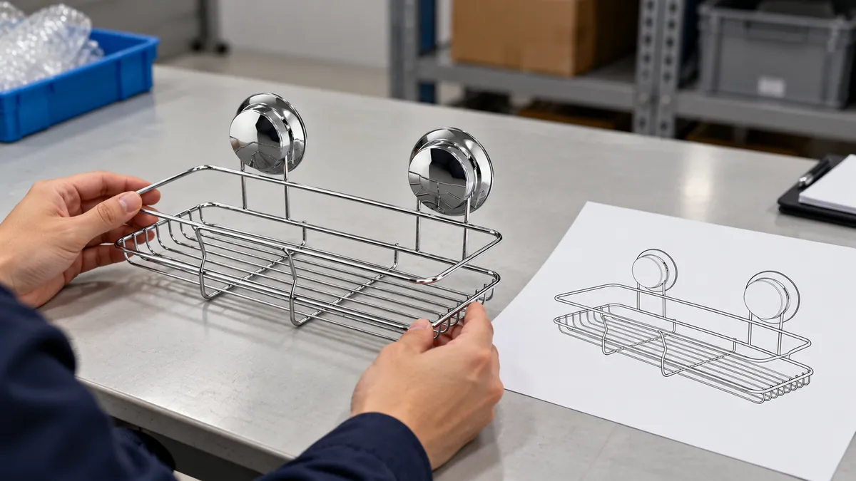 Buyer compares a two-suction-mount chrome wire basket sample with an unmarked product-scope drawing