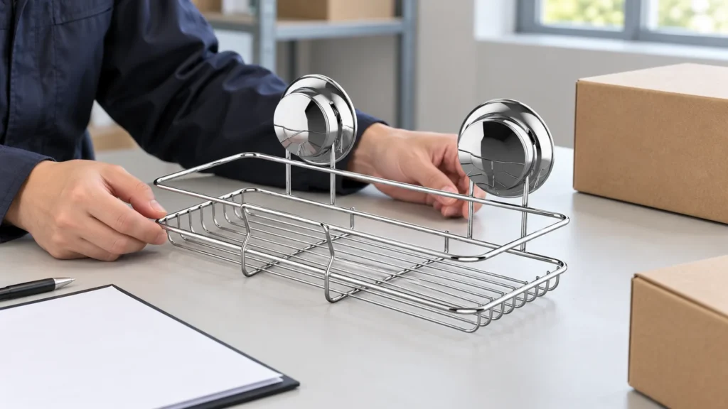 Buyer reviews a small hardware order beside an exact twin-suction chrome wire basket sample