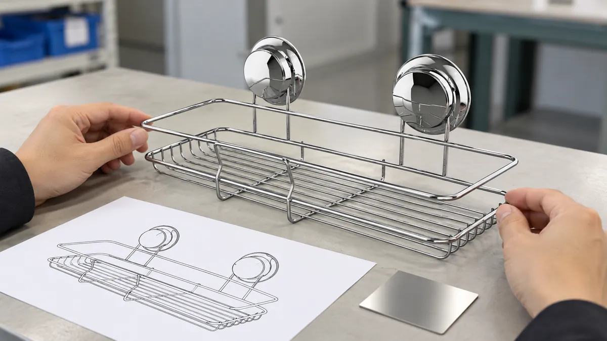 Buyer compares a two-suction-mount chrome wire basket sample with its blank product drawing