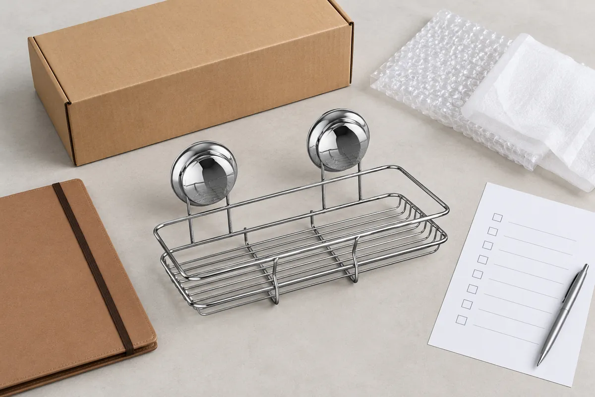 Small-batch importer organizes a twin-suction chrome basket sample, carton and blank order-planning checklist