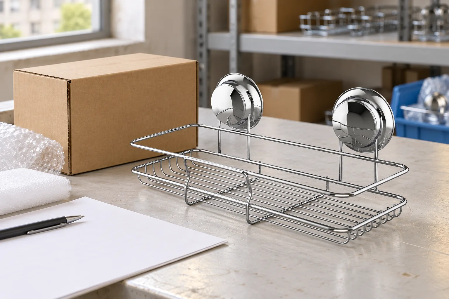 Twin-suction chrome wire basket beside a plain carton and blank buyer planning sheet