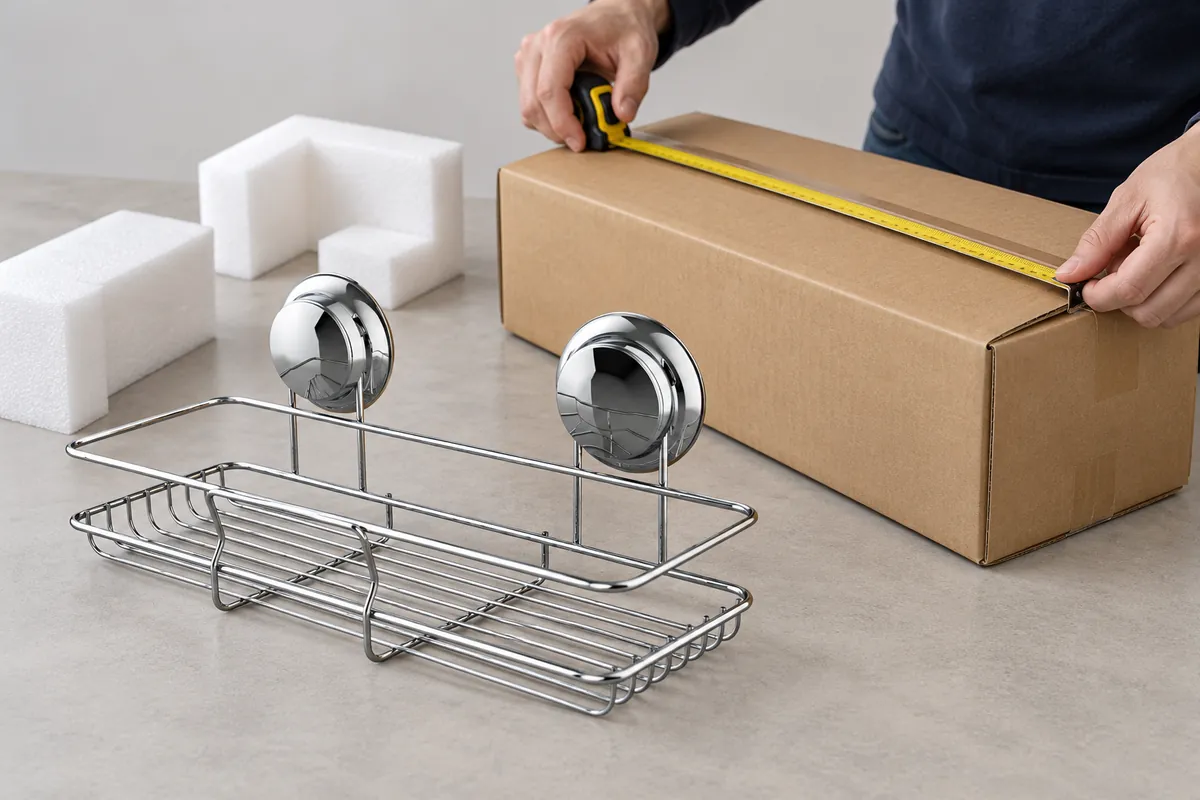 Buyer checks a plain hardware shipping carton beside the referenced twin-suction chrome wire basket sample