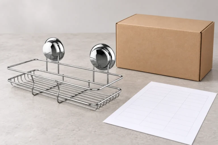 Twin-suction chrome wire basket beside a plain retail pack and blank product data sheet