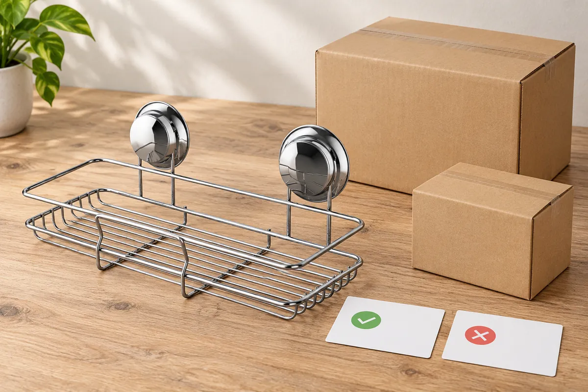 Importer compares the twin-suction chrome wire basket, retail unit, and master carton as separate hardware data levels