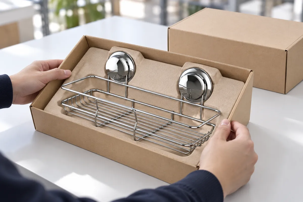 Buyer checks a twin-suction chrome wire basket against its plain retail pack insert before recording item setup data