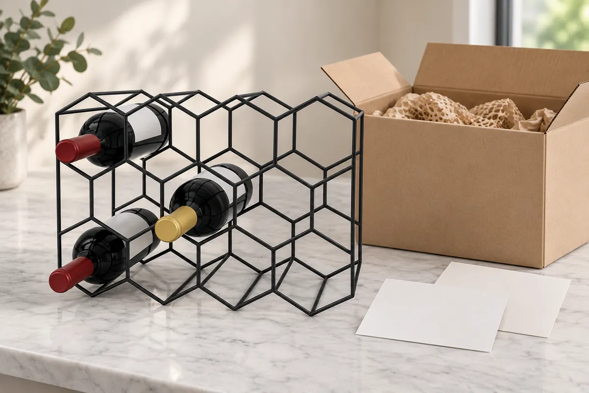 Importer compares a black wire wine rack sample with a blank retailer-readiness checklist and protective package