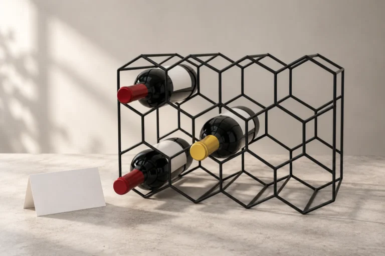 Black wire wine rack presented with a product brief for a home-storage retailer review