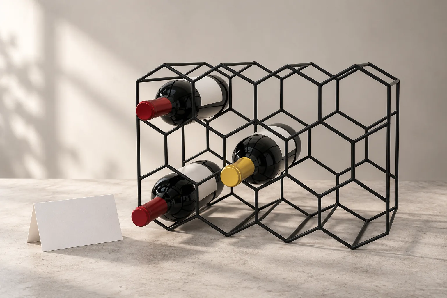 Black wire wine rack presented with a product brief for a home-storage retailer review