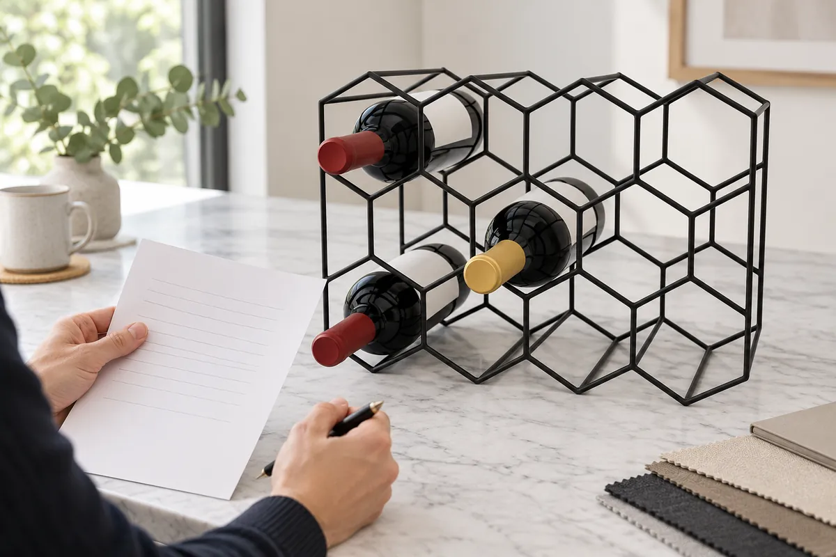 Buyer reviews a black wire wine rack sample beside a plain product brief before a home-storage retail submission