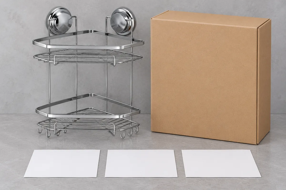 Importer organizes a two-tier chrome basket sample beside a plain carton and blank shipment handoff checklist