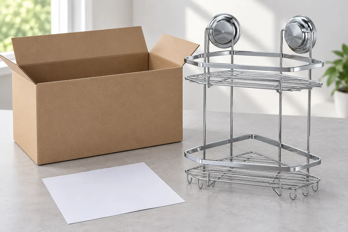 Buyer checks the approved two-tier chrome corner basket sample before its retailer-specific pack-out review